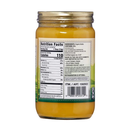 Kirkland Signature Organic Ghee Clarified Butter – USDA Organic, Lactose-Free, Gluten-Free, 27 oz Jar