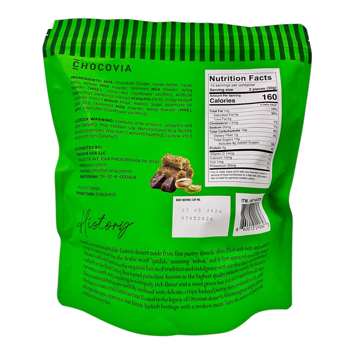 Chocovia Dubai Chocolate – Milk Chocolate with Pistachio & Kadaif, Individually Wrapped Gourmet Chocolates