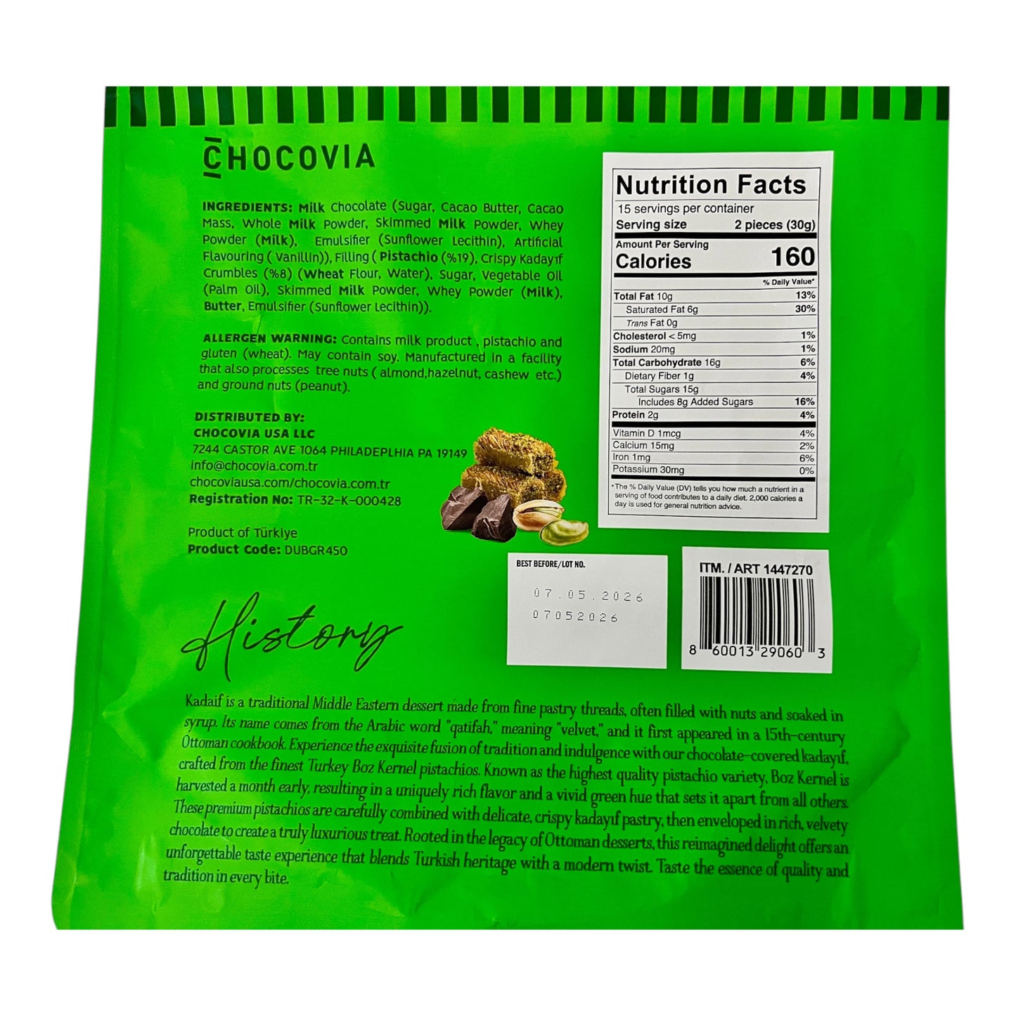 Chocovia Dubai Chocolate – Milk Chocolate with Pistachio & Kadaif, Individually Wrapped Gourmet Chocolates