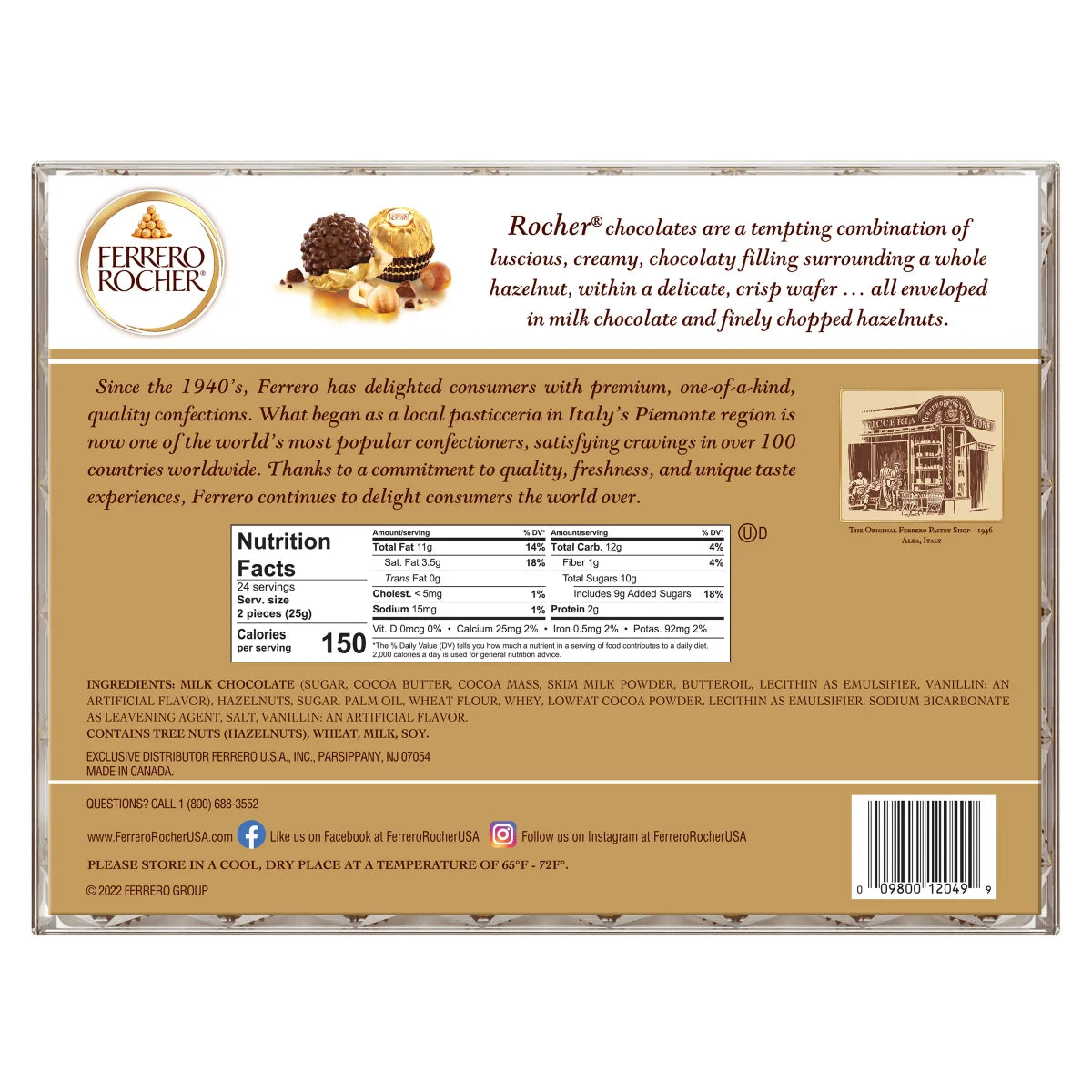 Ferrero Rocher Fine Hazelnut Chocolates - Chocolate Gift Box, 48 Count, 21.2 oz