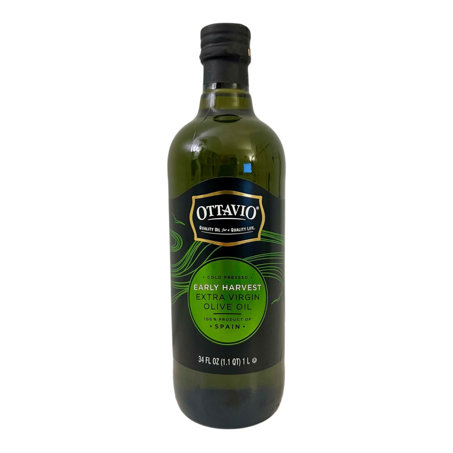 A bottle of Ottavio Early Harvest Extra Virgin Olive Oil, cold pressed, with a label indicating it's a product of Spain.