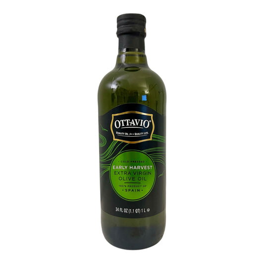 A bottle of Ottavio Early Harvest Extra Virgin Olive Oil, cold pressed, with a label indicating it's a product of Spain.
