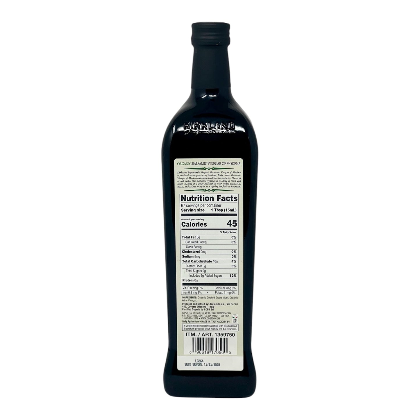 Kirkland Signature Organic Balsamic Vinegar of Modena – 1 Liter Glass Bottle – USDA Organic, Product of Italy
