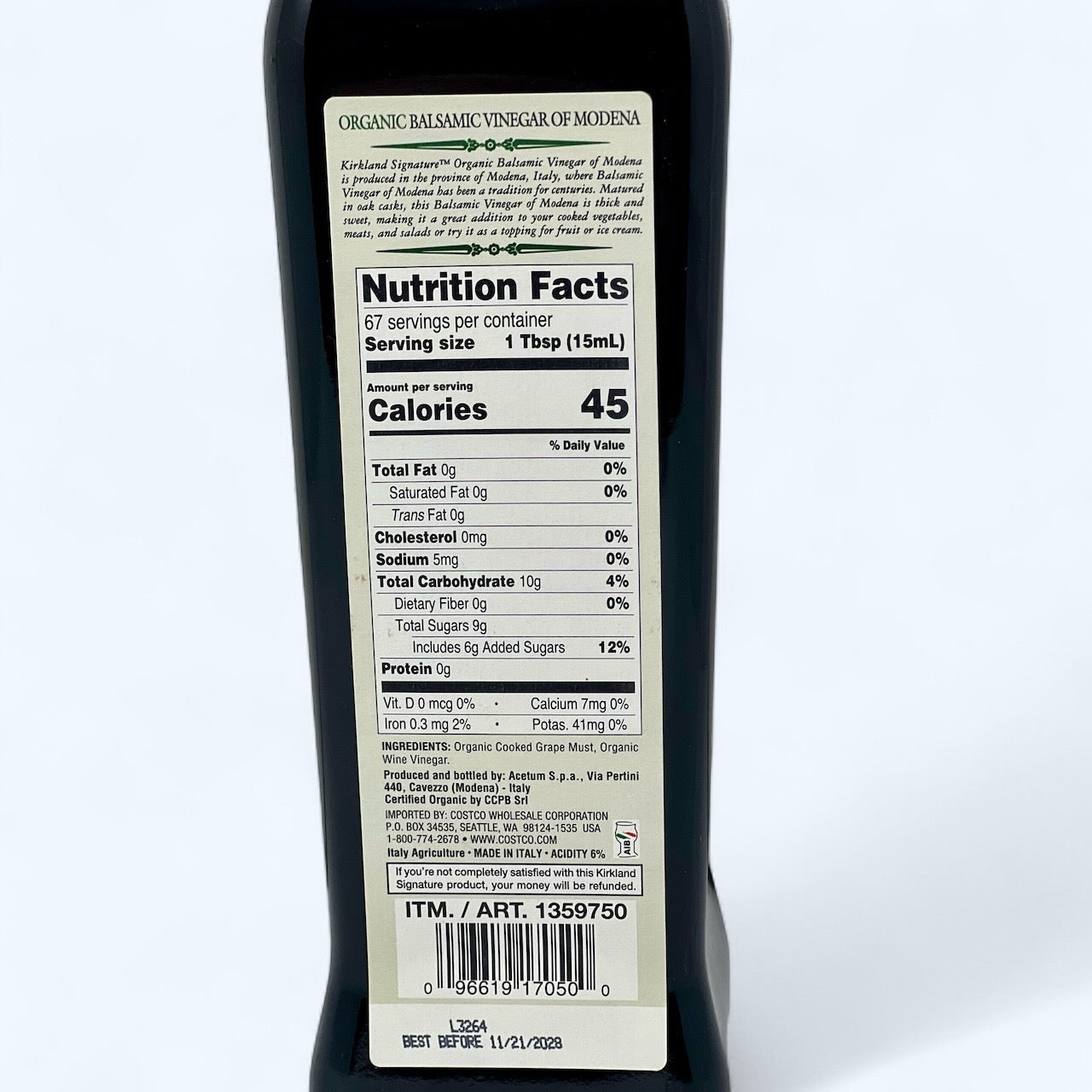 Kirkland Signature Organic Balsamic Vinegar of Modena – 1 Liter Glass Bottle – USDA Organic, Product of Italy