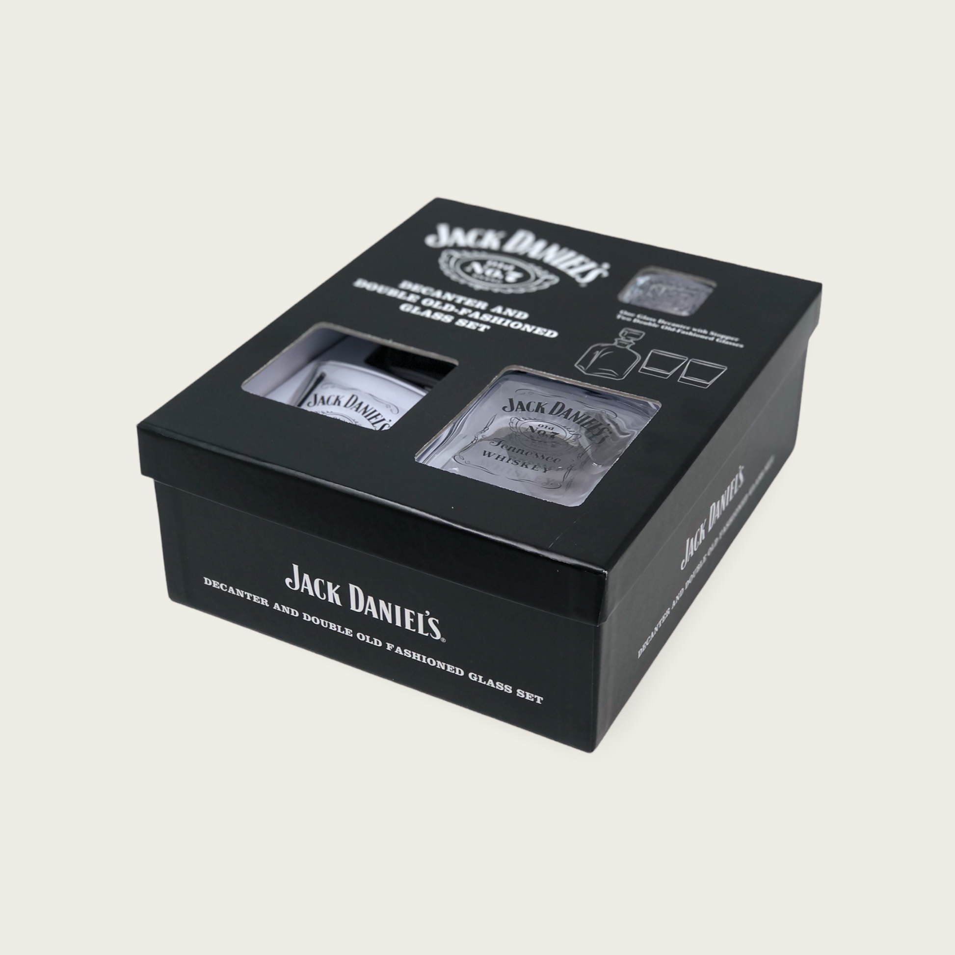 Jack Daniels Decanter & 2 DOF Glass Set with Gift Box - Black Label Logo - Officially Licensed