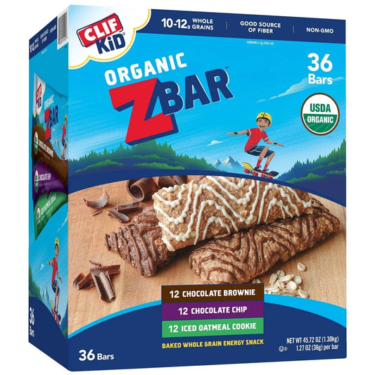 CLIF Kid Organic ZBAR Variety Pack - 36 Count (12 Chocolate Brownie, 12 Chocolate Chip, 12 Iced Oatmeal Cookie) | Whole Grain Energy Bars | USDA Organic, Non-GMO, 10-12g Whole Grains