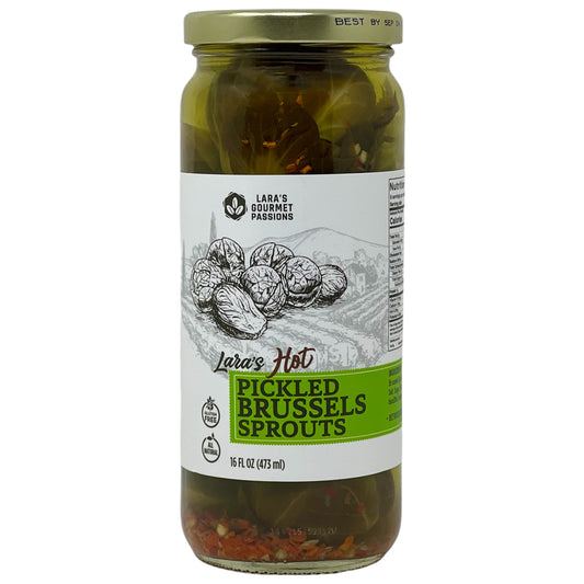 Lara’s Hot Pickled Brussels Sprouts – Spicy 16oz Jar for Bold Flavor Lovers