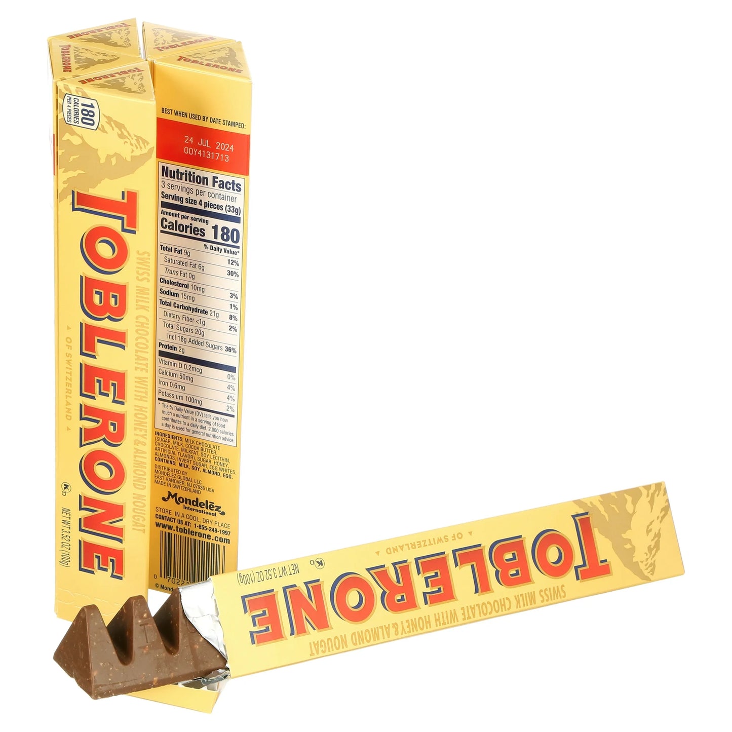 Toblerone Swiss Milk Chocolate Bars with Honey & Almond Nougat - 3.52 Oz (Pack of 6)