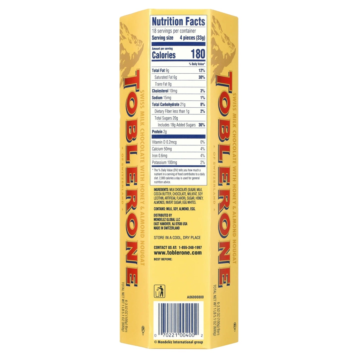 Toblerone Swiss Milk Chocolate Bars with Honey & Almond Nougat - 3.52 Oz (Pack of 6)