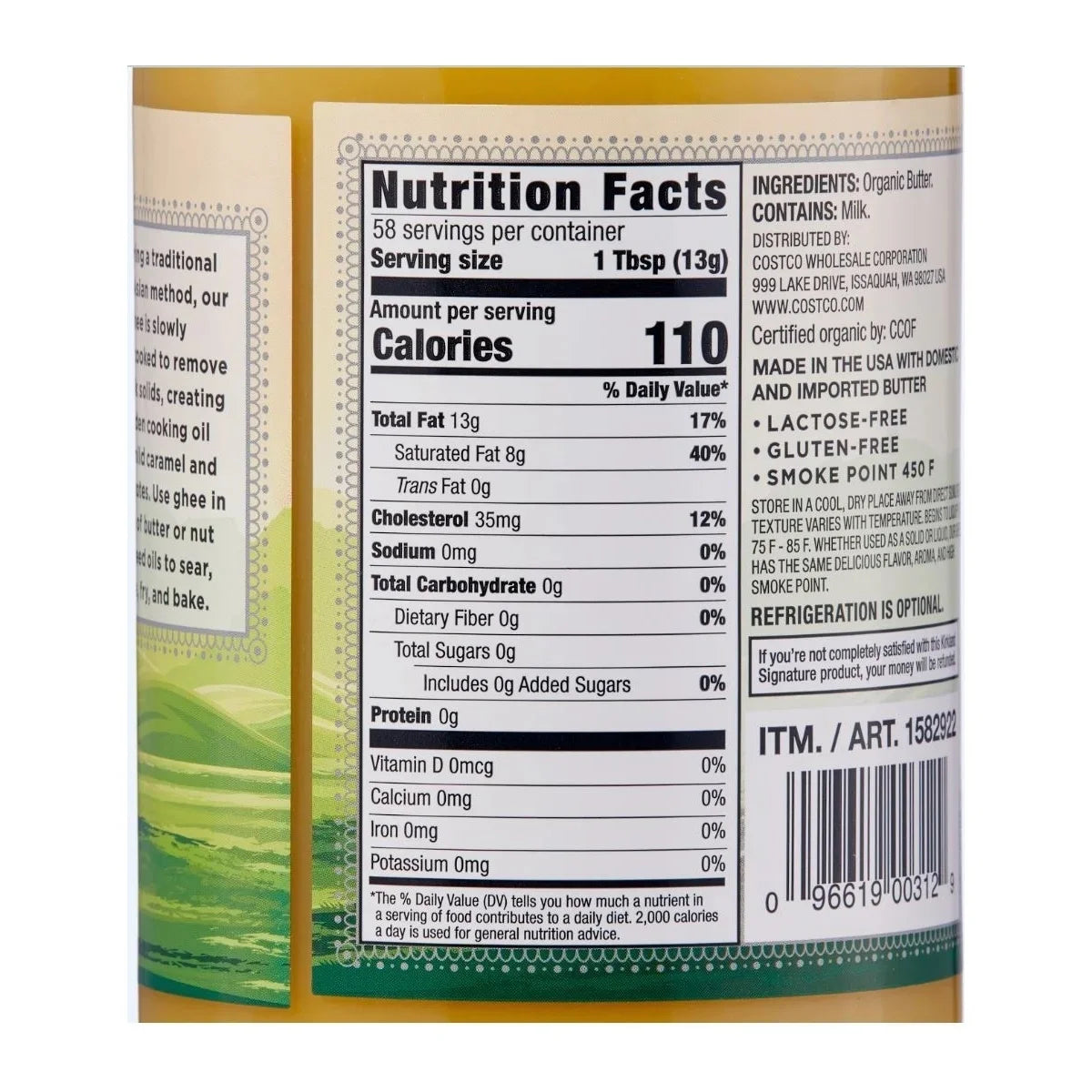 Kirkland Signature Organic Ghee Clarified Butter – USDA Organic, Lactose-Free, Gluten-Free, 27 oz Jar