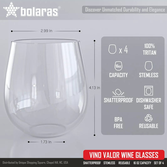 Bolaras Vino Valor Wine Glasses - Set of 4, Shatterproof, 16oz, 100% Tritan