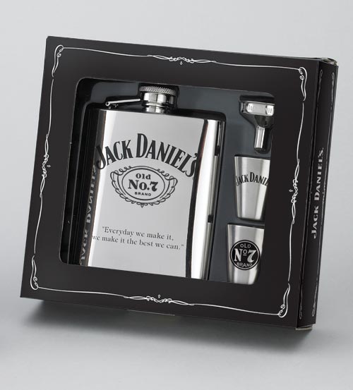 Jack Daniels Silver Flask with Two Shot Glasses and Funnel Gift Set