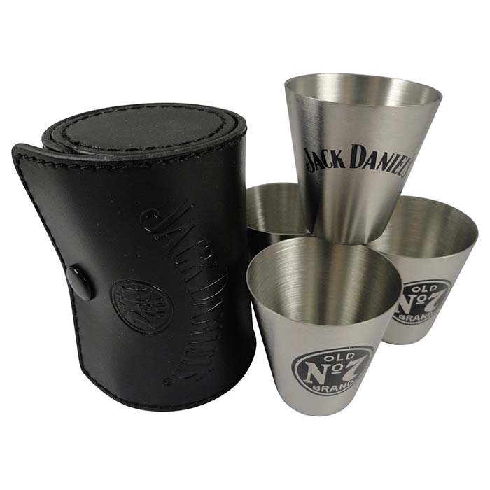 Jack Daniels Stainless Steel Shot Glass w/ Leather Storage Case Travel Set