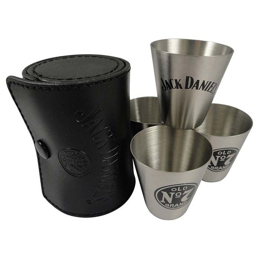 Jack Daniels Stainless Steel Shot Glass w/ Leather Storage Case Travel Set