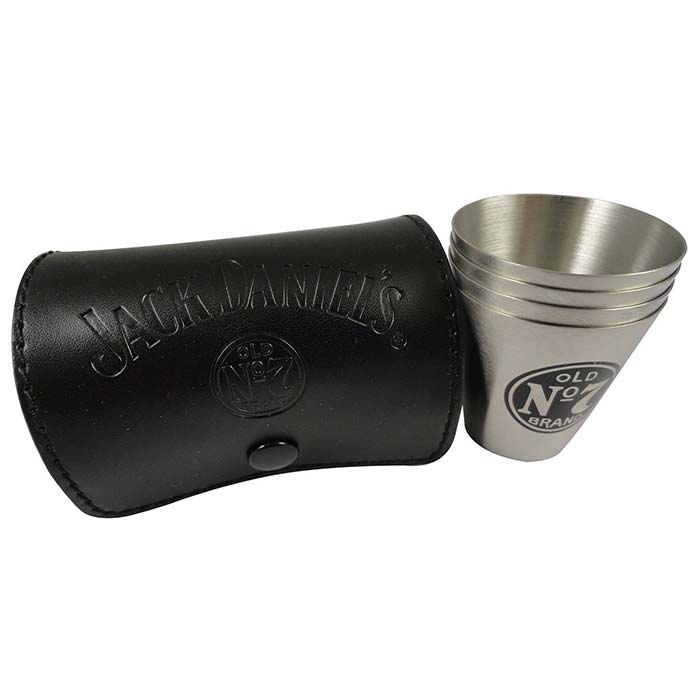 Jack Daniels Stainless Steel Shot Glass w/ Leather Storage Case Travel Set