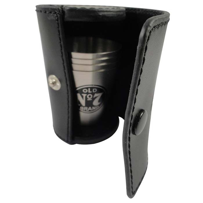 Jack Daniels Stainless Steel Shot Glass w/ Leather Storage Case Travel Set