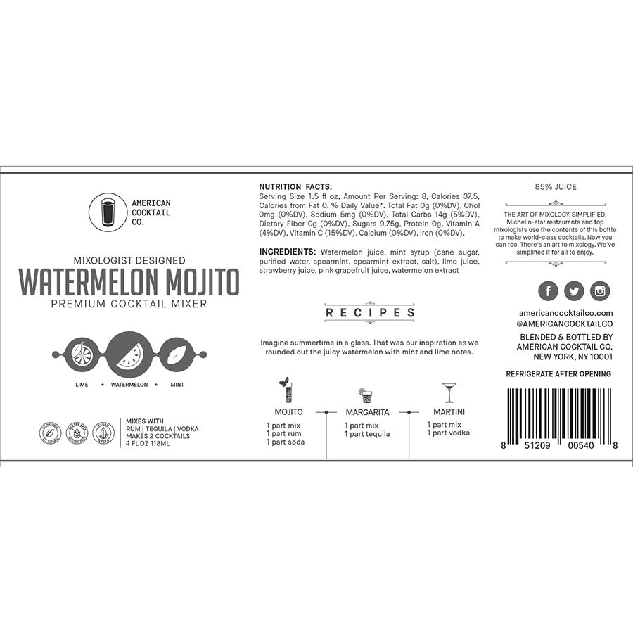 Mixologist Designed Watermelon Mojito Premium Cocktail Mixer 4 oz