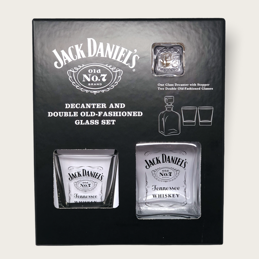 Jack Daniels Decanter & 2 DOF Glass Set with Gift Box - Black Label Logo - Officially Licensed