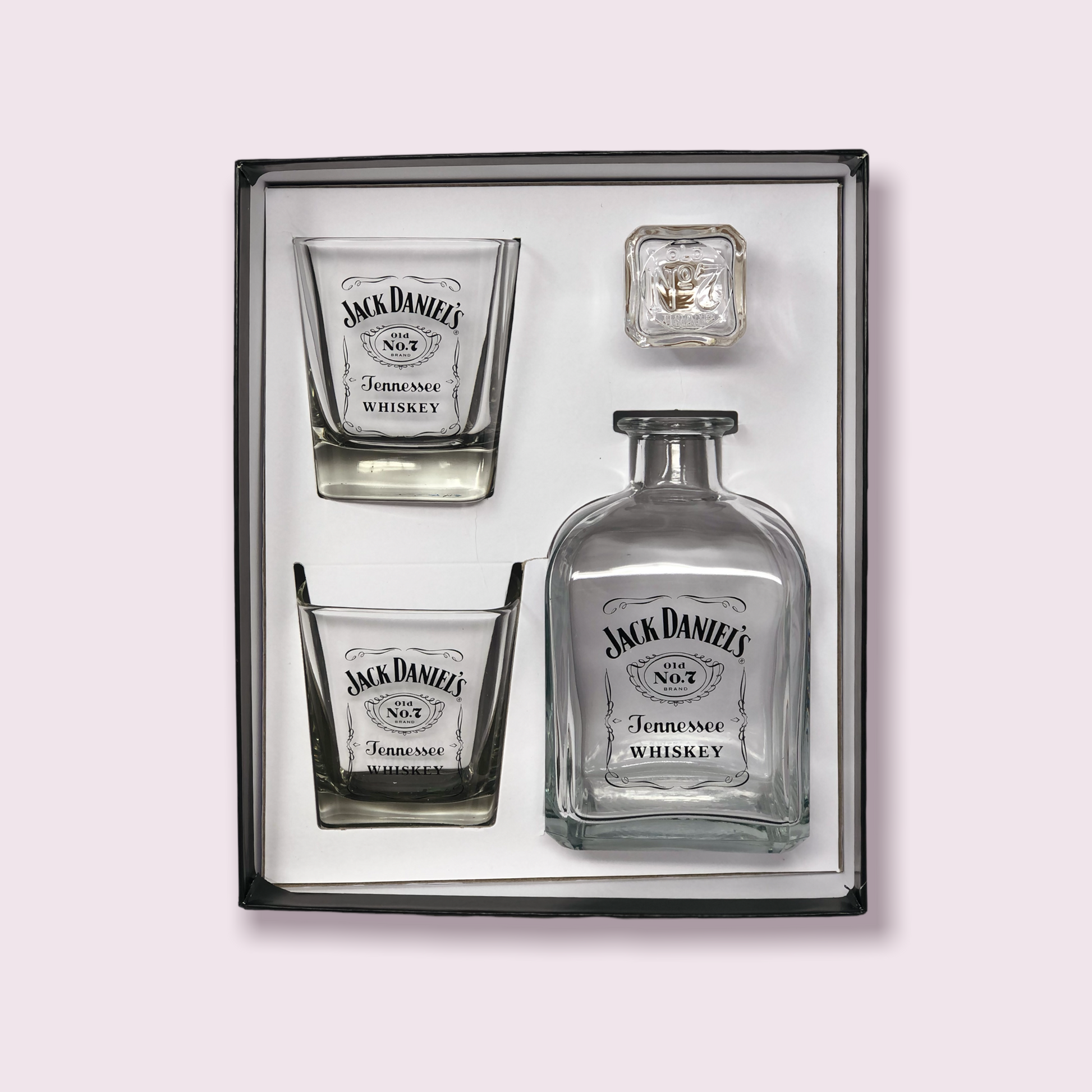 Jack Daniels Decanter & 2 DOF Glass Set with Gift Box - Black Label Logo - Officially Licensed