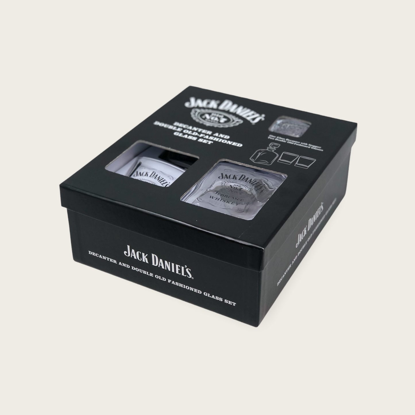 Jack Daniels Decanter & 2 DOF Glass Set with Gift Box - Black Label Logo - Officially Licensed