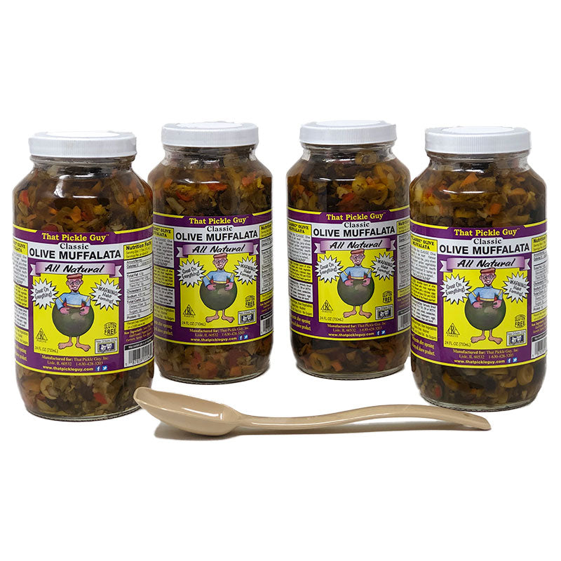That Pickle Guy Classic Olive Muffalata (4 x 24 oz jars) with a serving spoon
