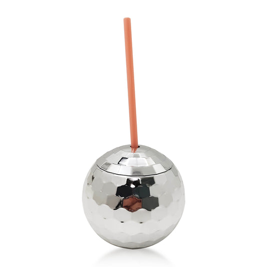 Bolaras Silver Disco Ball Cup with Lid, Straw and a Name Tag