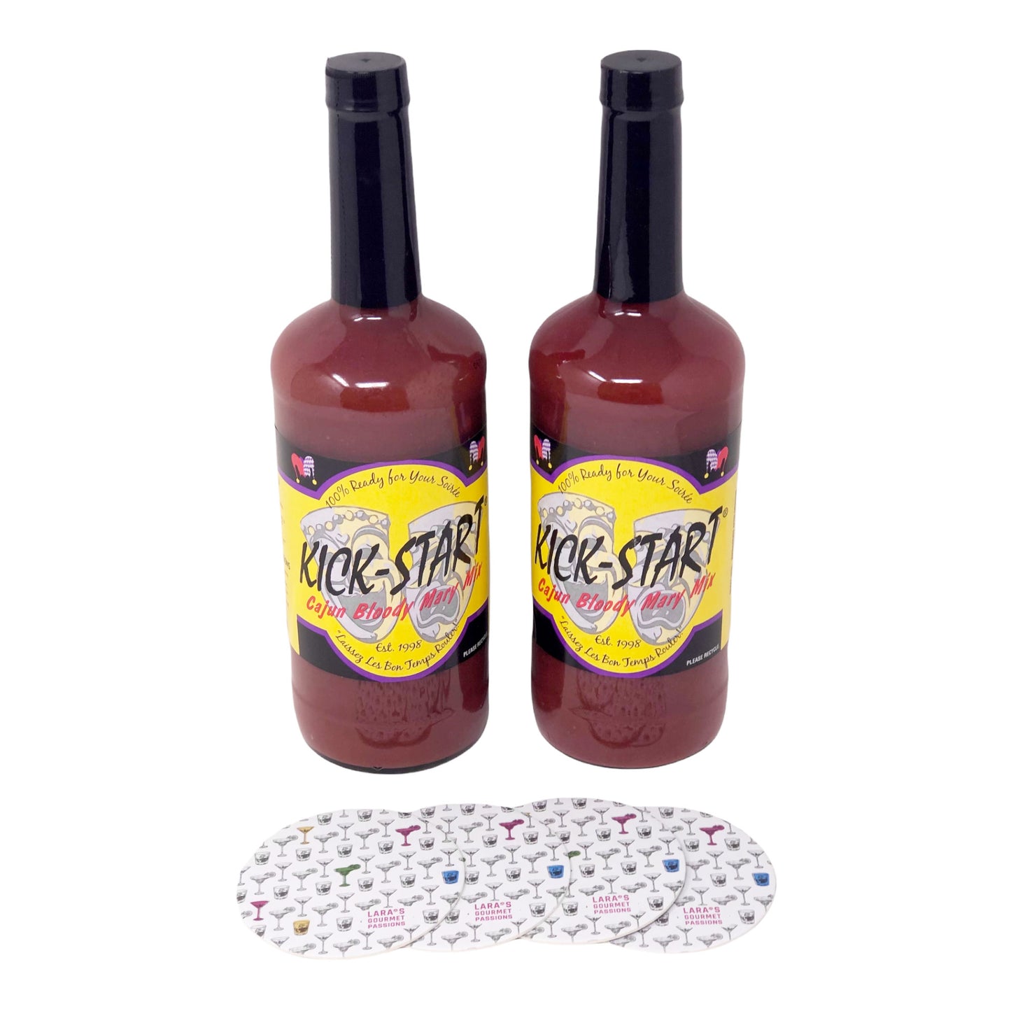 Kick Start Cajun Bloody Mary Mix (2 Pack, 32 fl oz each) bundled with complimentary 4-count Coasters